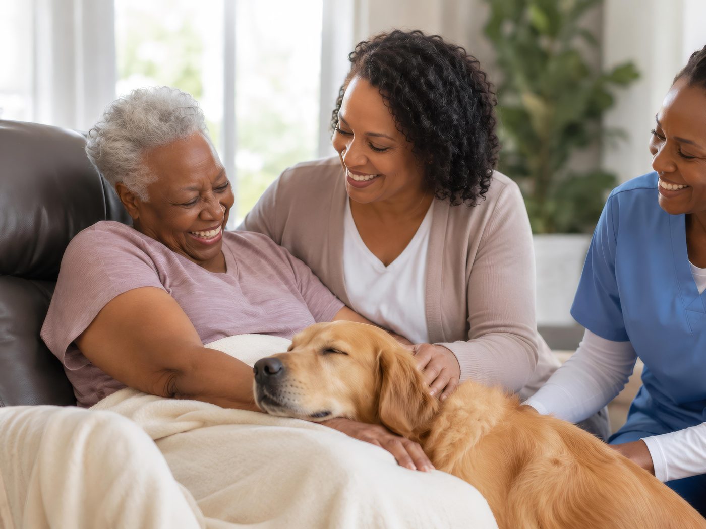 A daughter laughing with her mother, resting with their dog, while a caregiver sits nearby